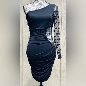 Bebe: Black one shoulder/sheer dress